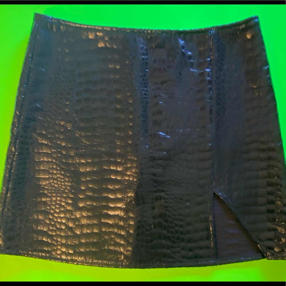 MOTEL Brand Croc-Embossed Black Leather Slit MiniSkirt